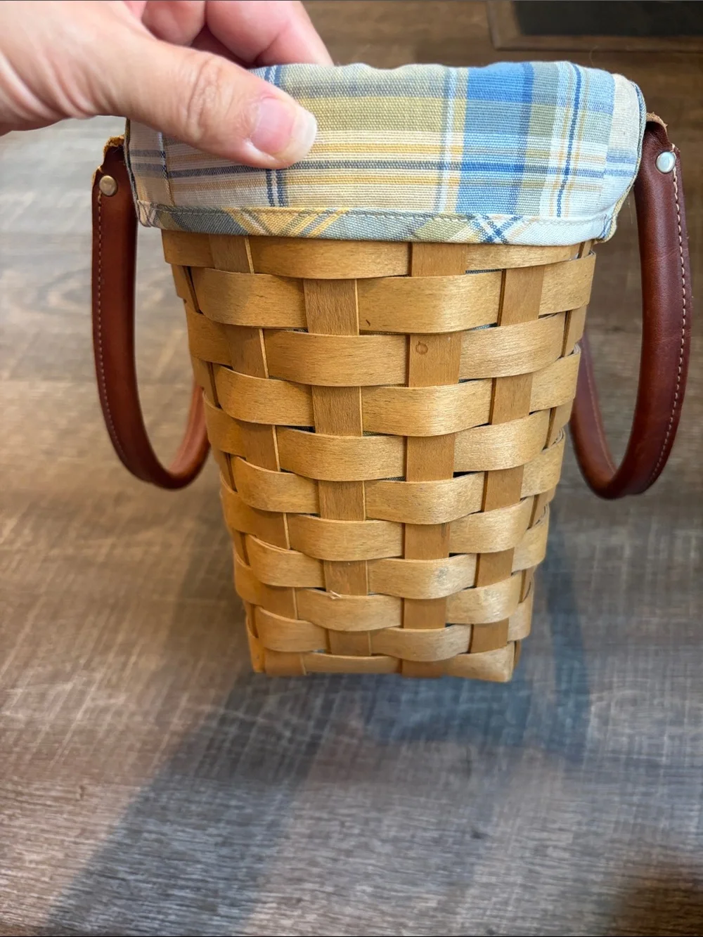 Longaberger Boardwalk Basket Leather Handles Plaid Liner